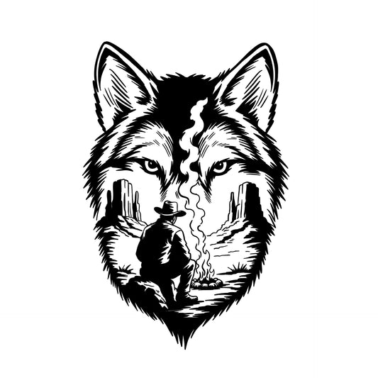 Wolf head with a cowboy at a campfire inside