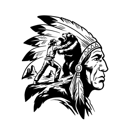 Chief profile with cowboy fighting a bear inside