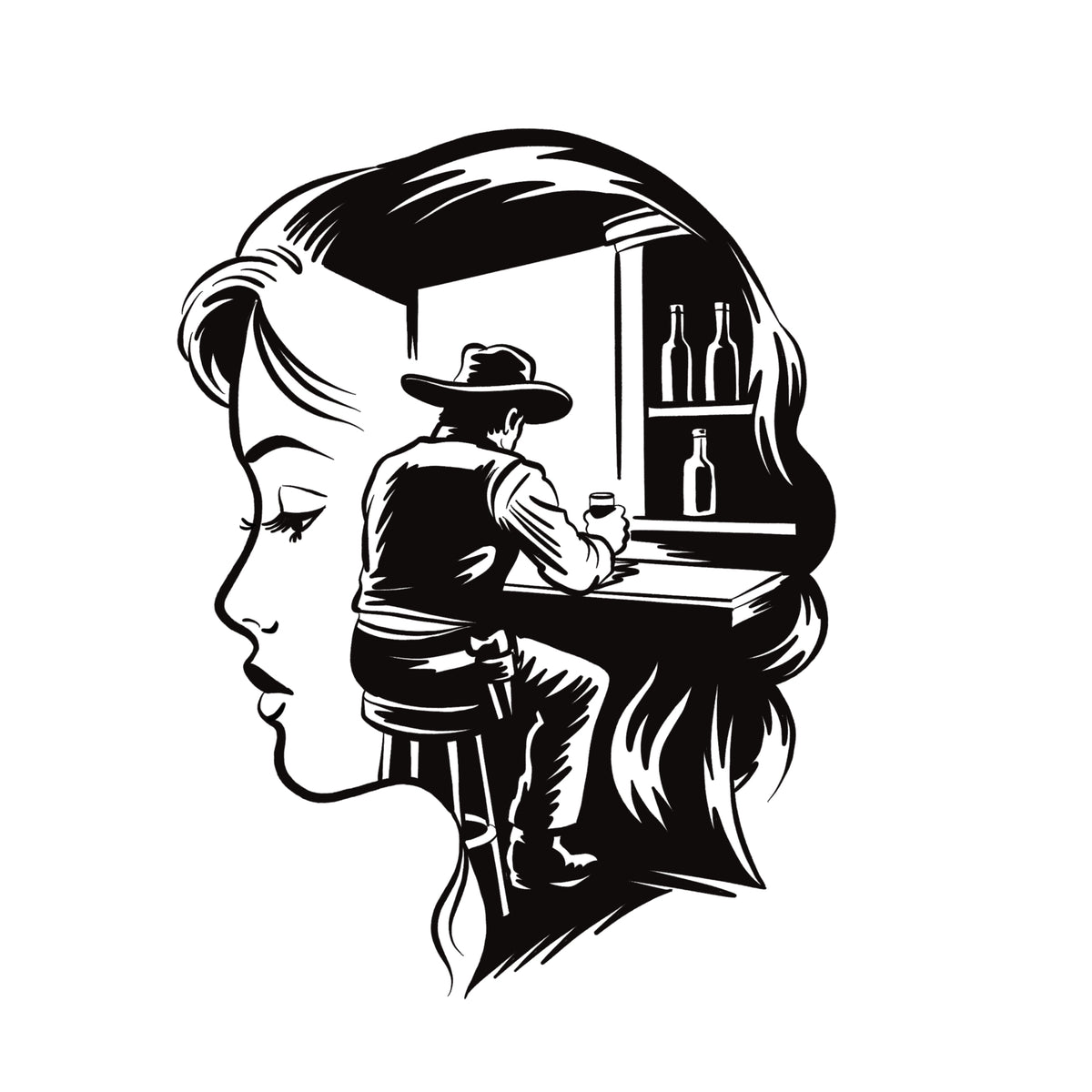 Woman's profile with a cowboy at a bar inside