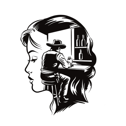 Woman's profile with a cowboy at a bar inside